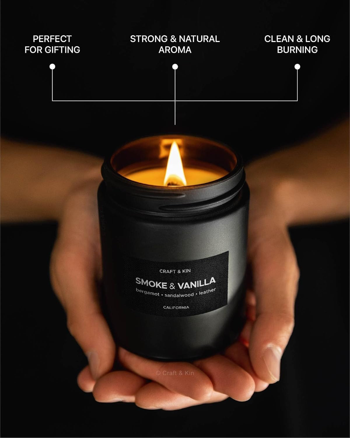 Premium Smoke & Vanilla Candle | Black Scented Candles for Men | Long Lasting with 45 Hour Burn Time, 7.6Oz | Soy Candle | Aromatherapy at Home | Gifts for Men